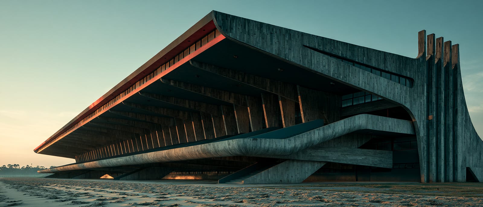 Perfil da tribuna do Cristal com a cobertura em balanço sobre a pista de areia